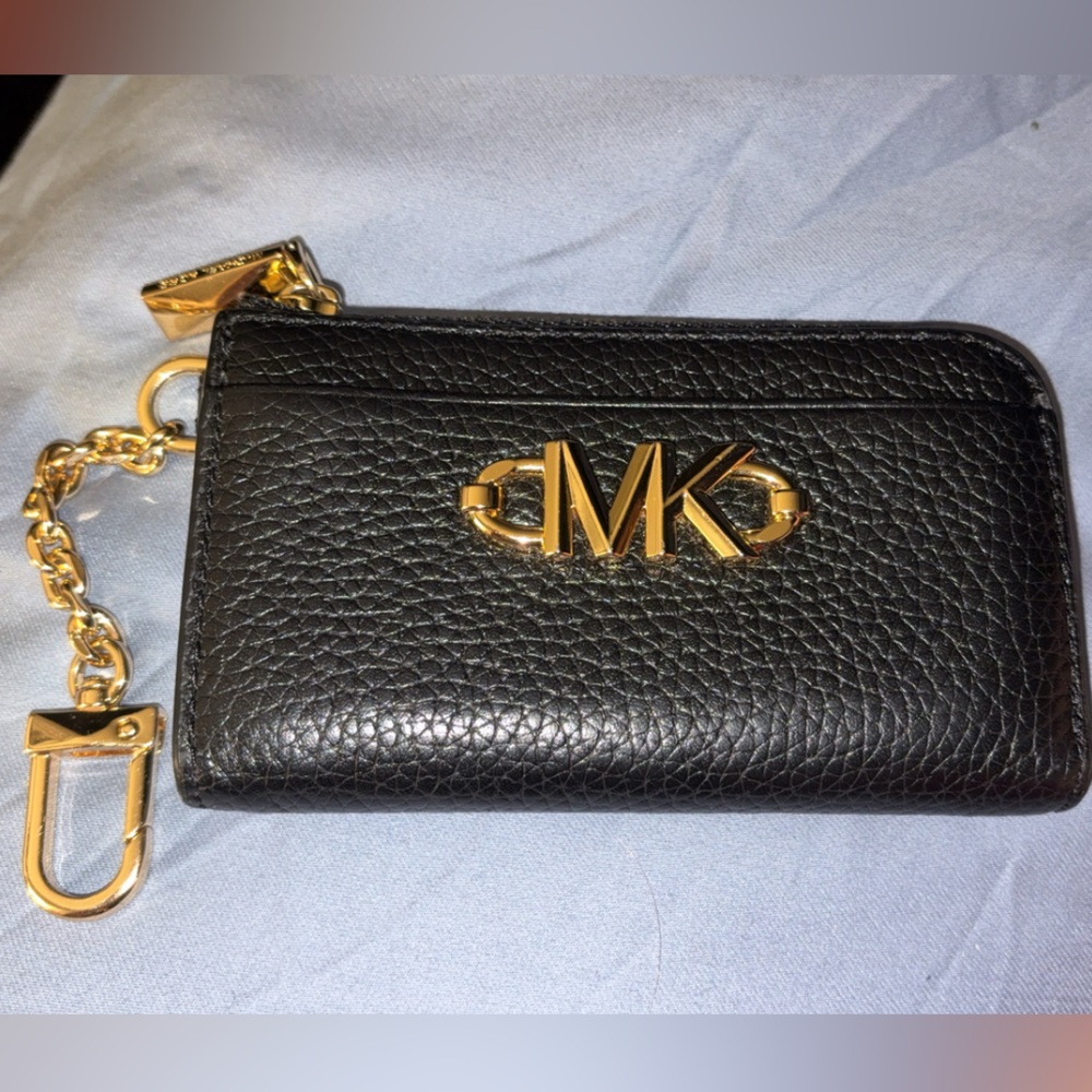 Michael Kors Black Pebbled Leather Card Holder with Gold Accents